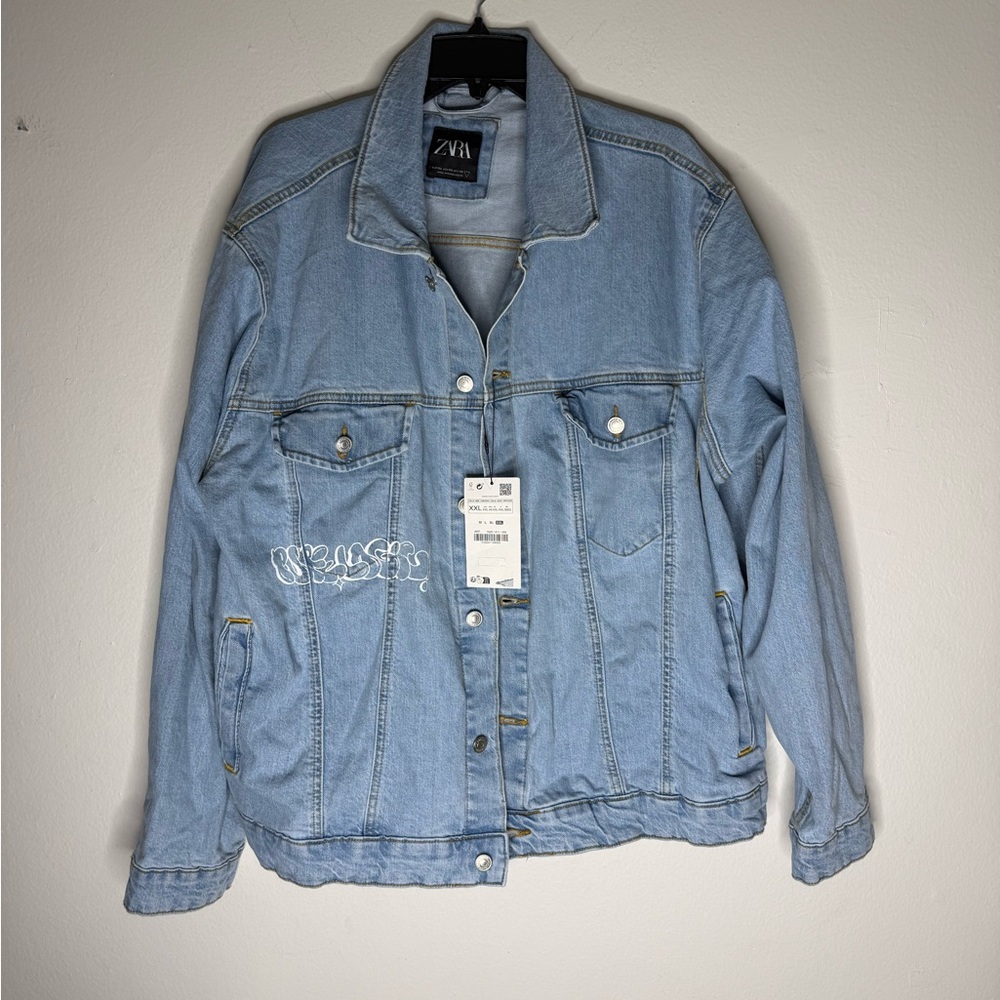 Zara Graffiti Print PURELOGIC Denim Acid Wash jacket
